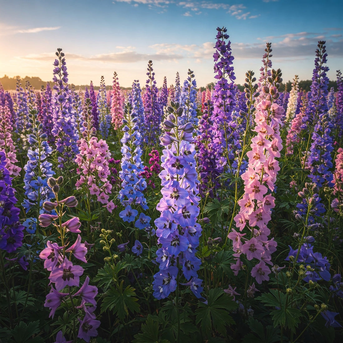 field of pink, purple and blue dephiniums