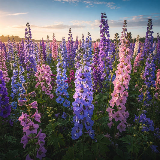 field of pink, purple and blue dephiniums