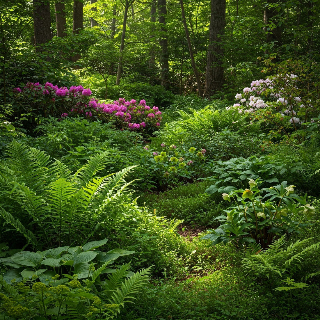 A lush shade garden filled with vibrant ferns, hostas, and blooming rhododendrons. The dappled sunlight creates a magical atmosphere.