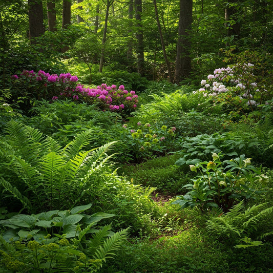 A lush shade garden filled with vibrant ferns, hostas, and blooming rhododendrons. The dappled sunlight creates a magical atmosphere.